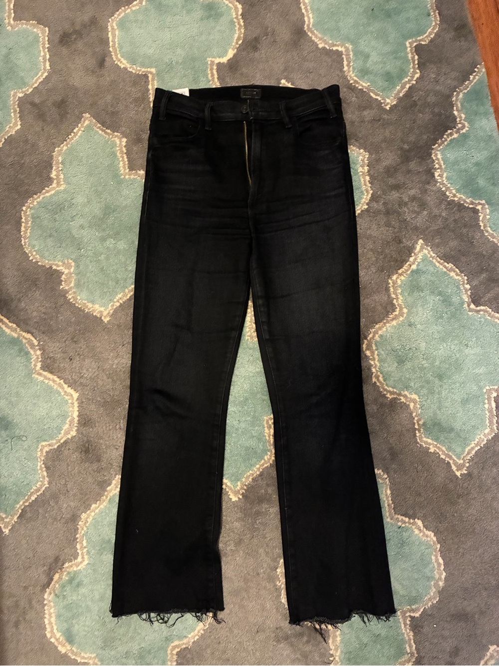 Mother The Hustler Ankle Fray black straight leg high rise denim 28